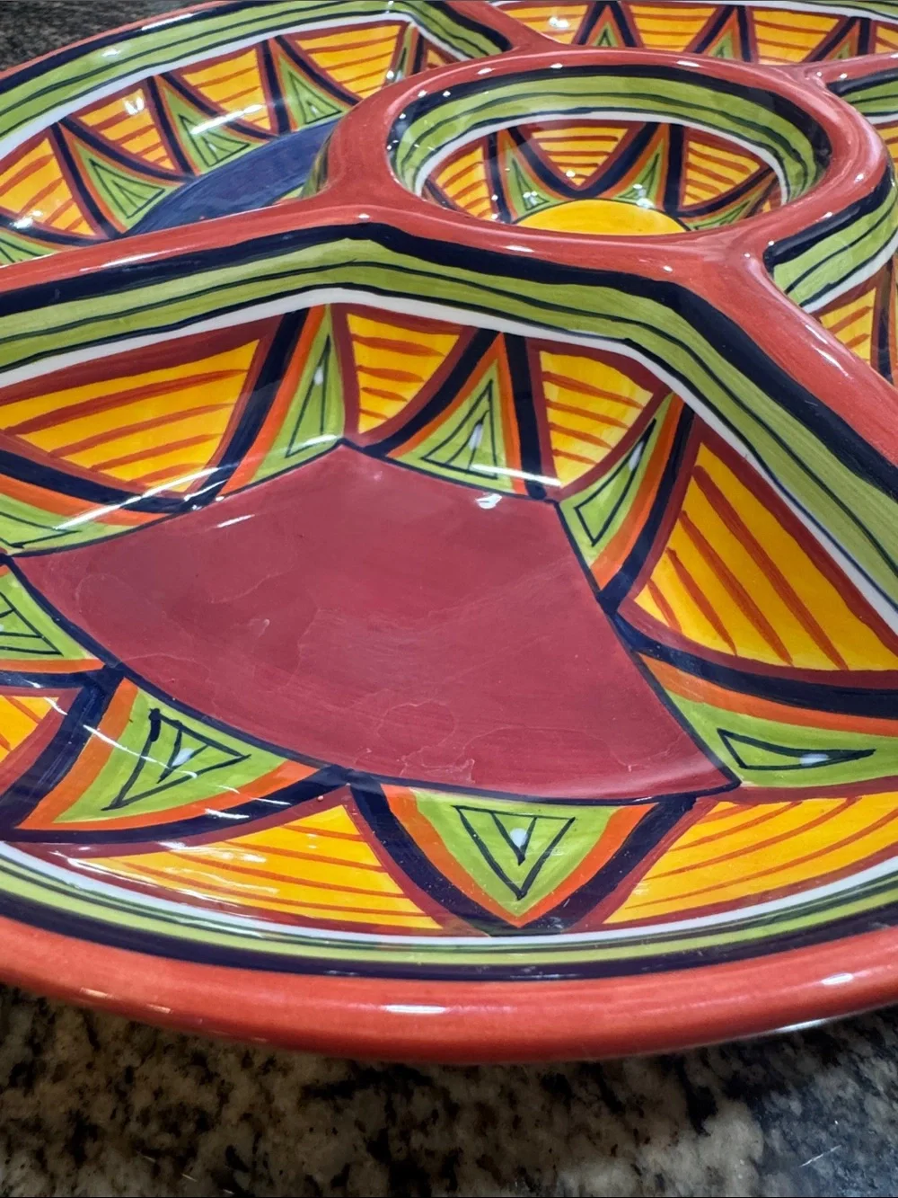 Pier 1 Hand-Painted Sectioned Serving Platter in Coral and Yellow